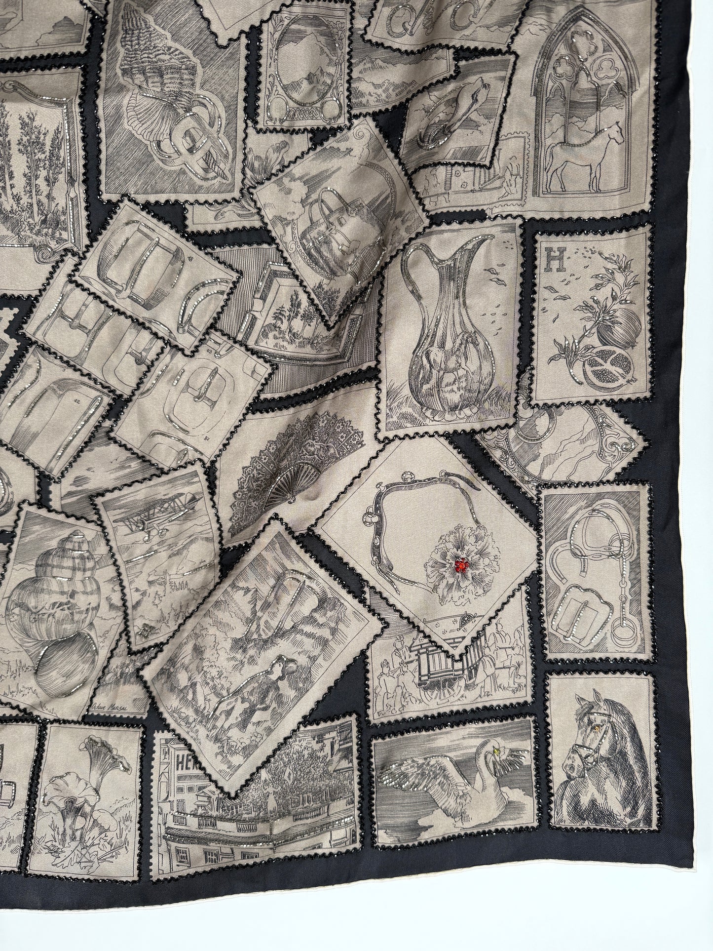 Hermes Le Philateliste du Faubourg Marron Glace Black Embroidered Silk Scarf 90