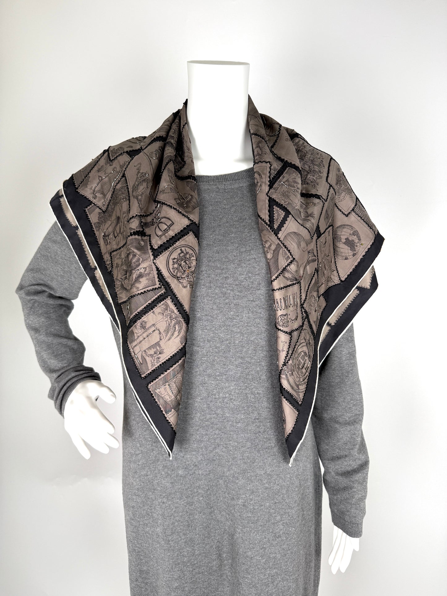Hermes Le Philateliste du Faubourg Marron Glace Black Embroidered Silk Scarf 90