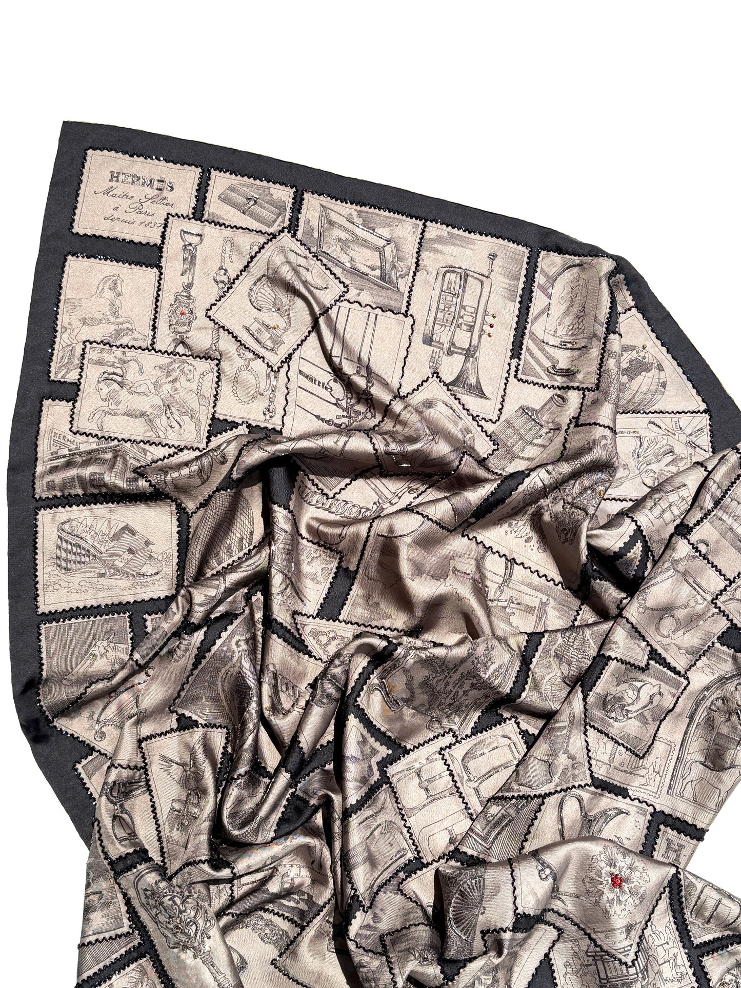 Hermes Le Philateliste du Faubourg Marron Glace Black Embroidered Silk Scarf 90