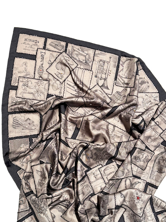 Hermes Le Philateliste du Faubourg Marron Glace Black Embroidered Silk Scarf 90
