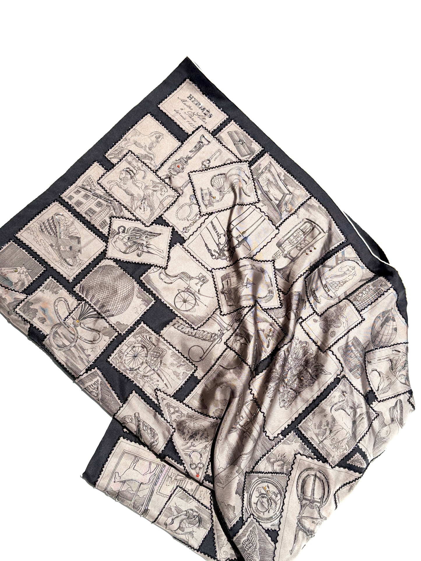 Hermes Le Philateliste du Faubourg Marron Glace Black Embroidered Silk Scarf 90