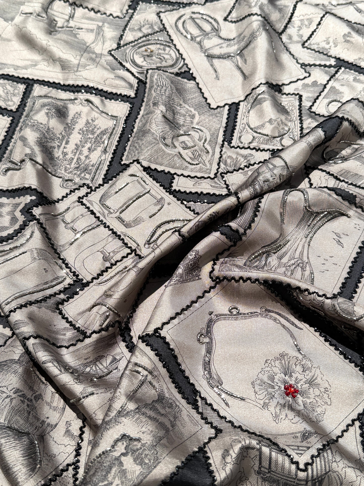 Hermes Le Philateliste du Faubourg Marron Glace Black Embroidered Silk Scarf 90