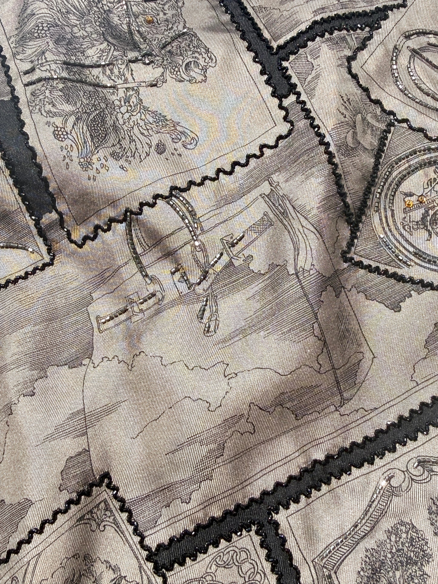 Hermes Le Philateliste du Faubourg Marron Glace Black Embroidered Silk Scarf 90