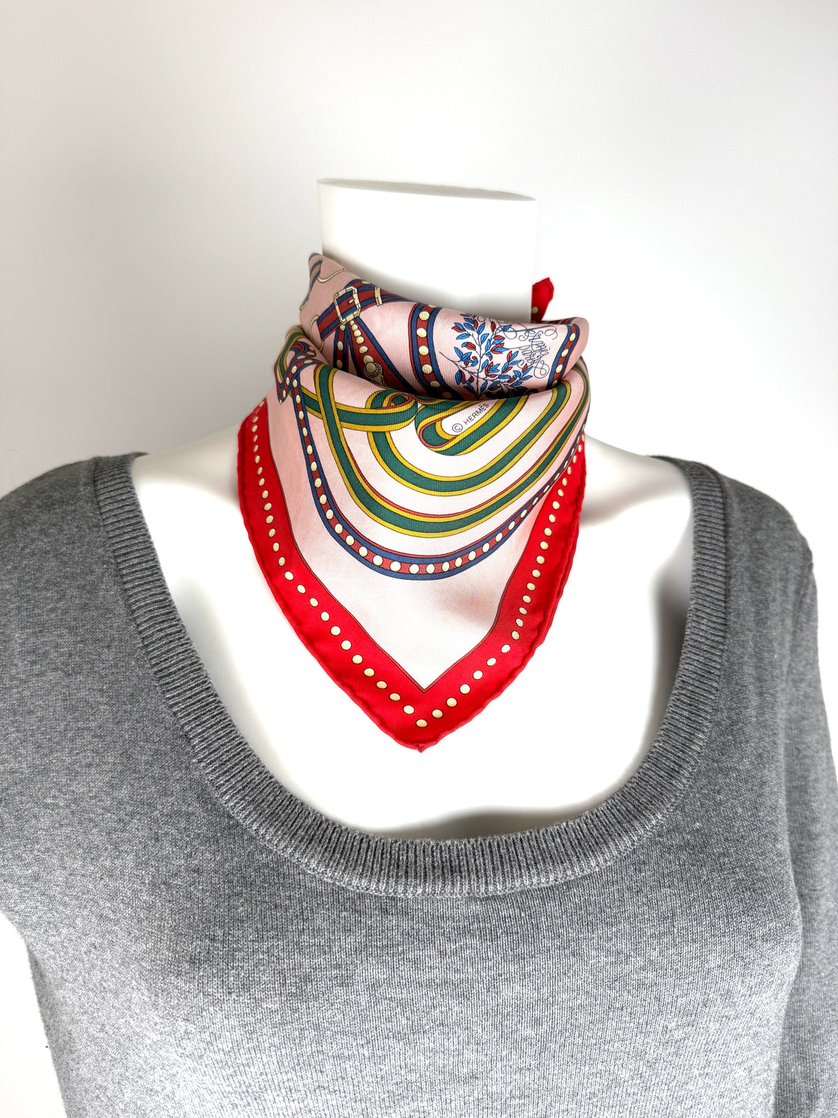HERMES Grand Tralala Red Pink Green Silk Square Scarf 45