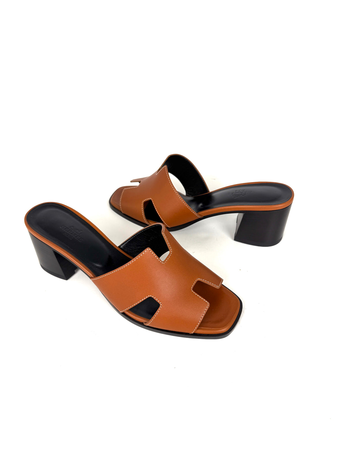 HERMES Helia 60 Naturel Leather 2026 H Block Slide Heel Sandals 40, 9.5