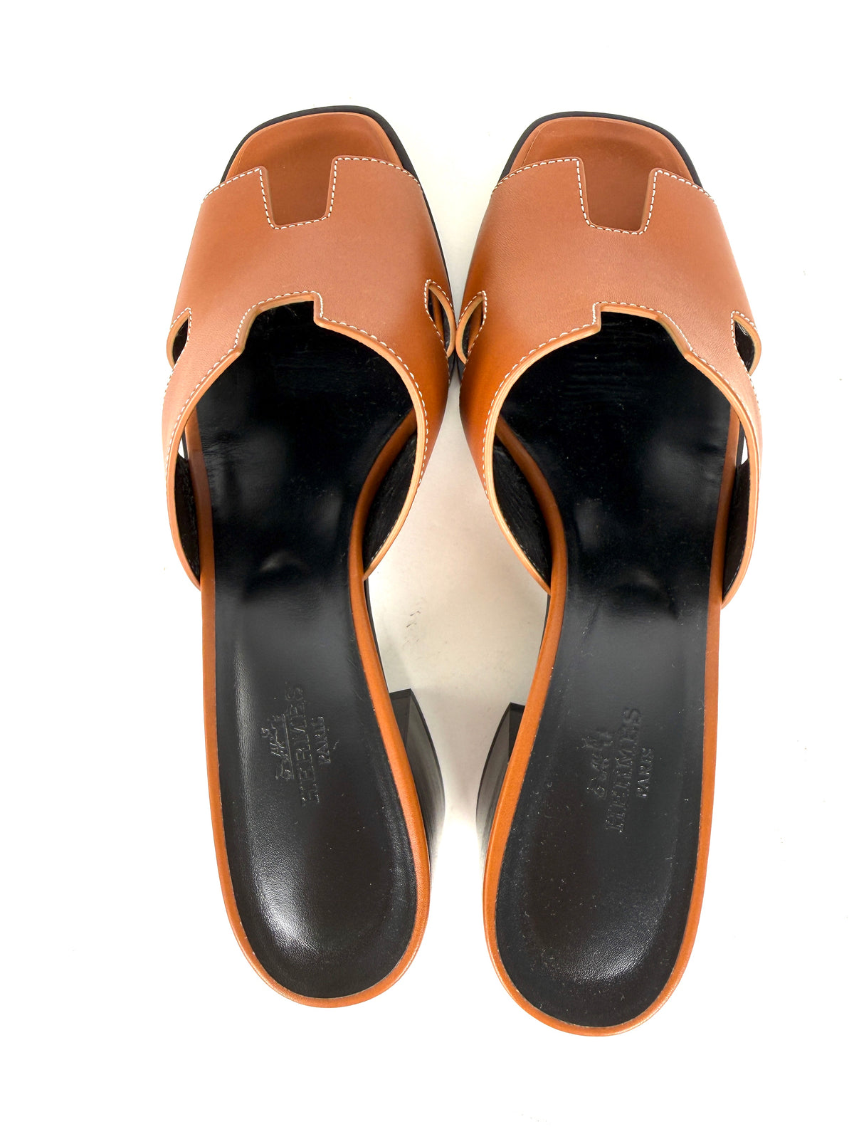 HERMES Helia 60 Naturel Leather 2026 H Block Slide Heel Sandals 40, 9.5