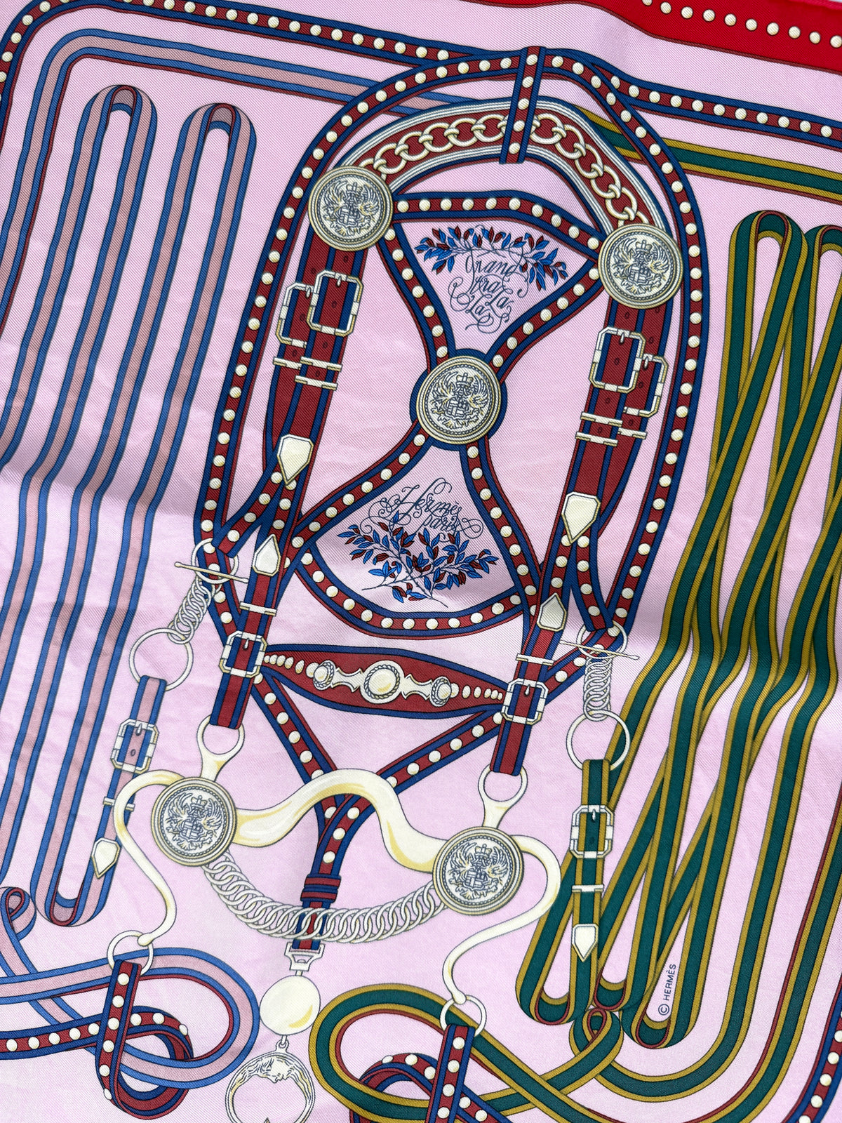 HERMES Grand Tralala Red Pink Green Silk Square Scarf 45