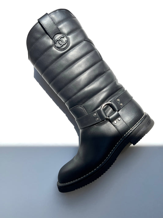 CHANEL Paris-Dallas CC Star Black Leather Moto Mid Calf Boots 38.5