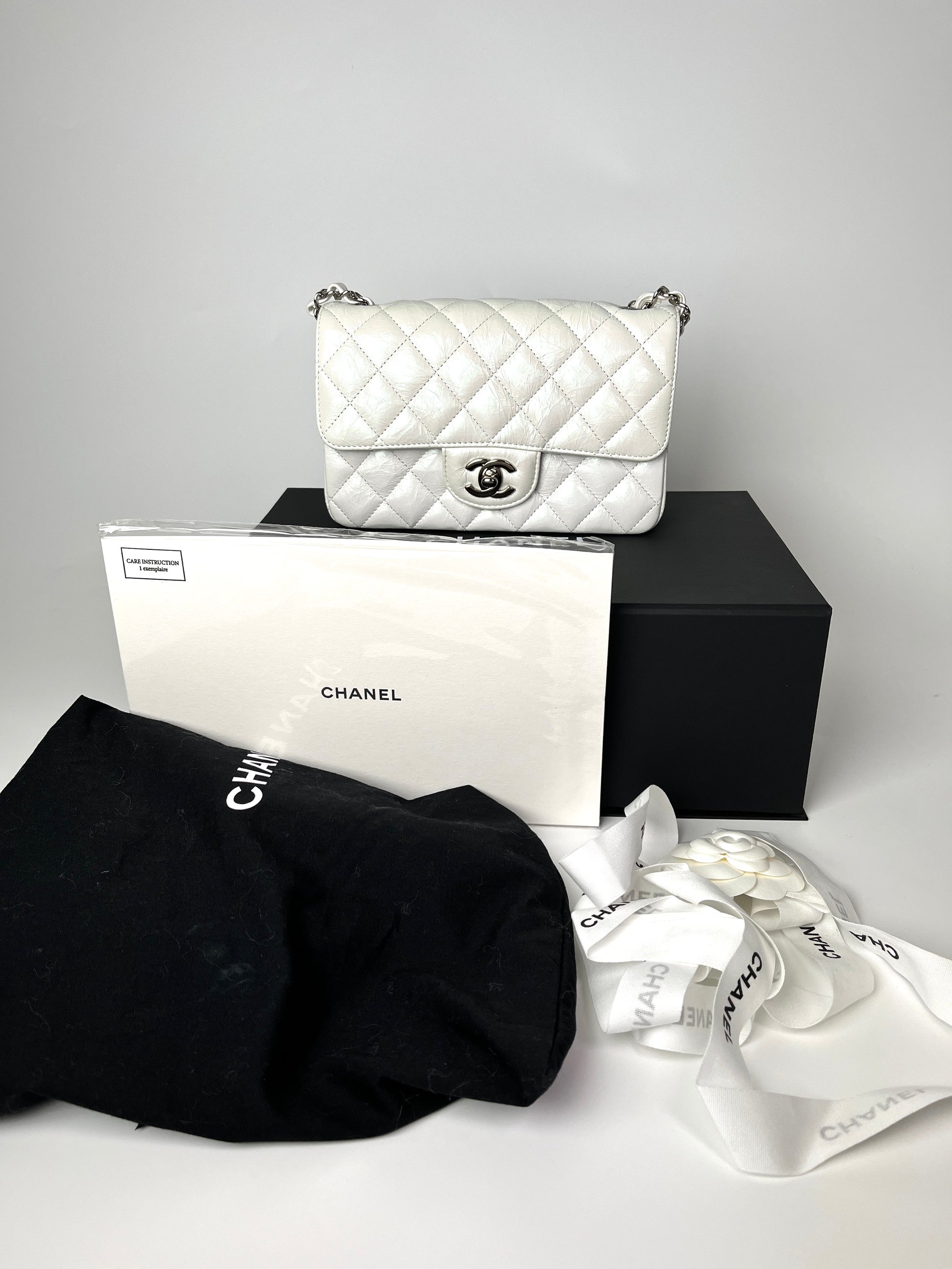 CHANEL White 2021 Rectangular Mini Crumpled Calfskin Classic Flap