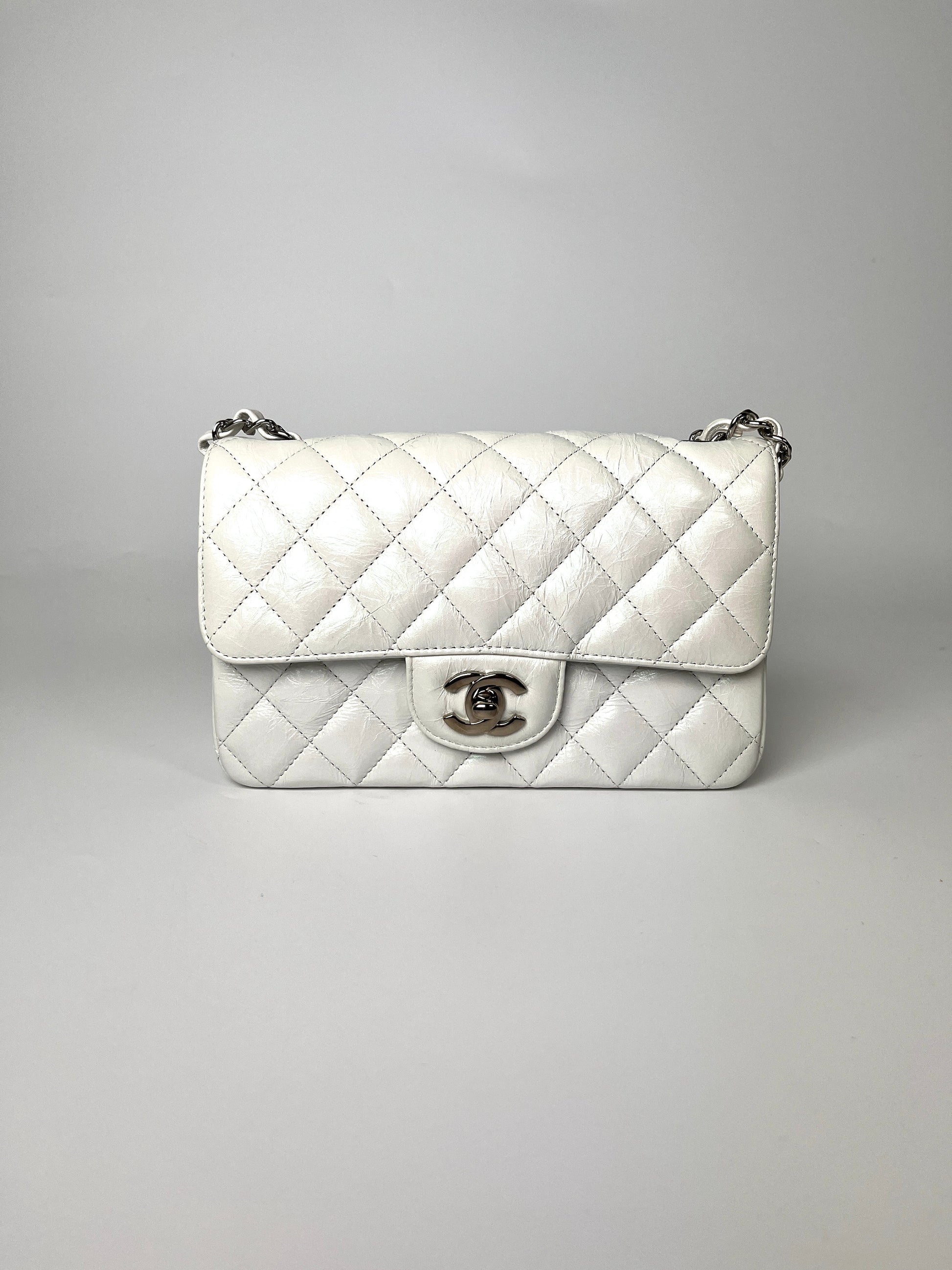 CHANEL White 2021 Rectangular Mini Crumpled Calfskin Classic Flap Bag Upscale Resale consignment