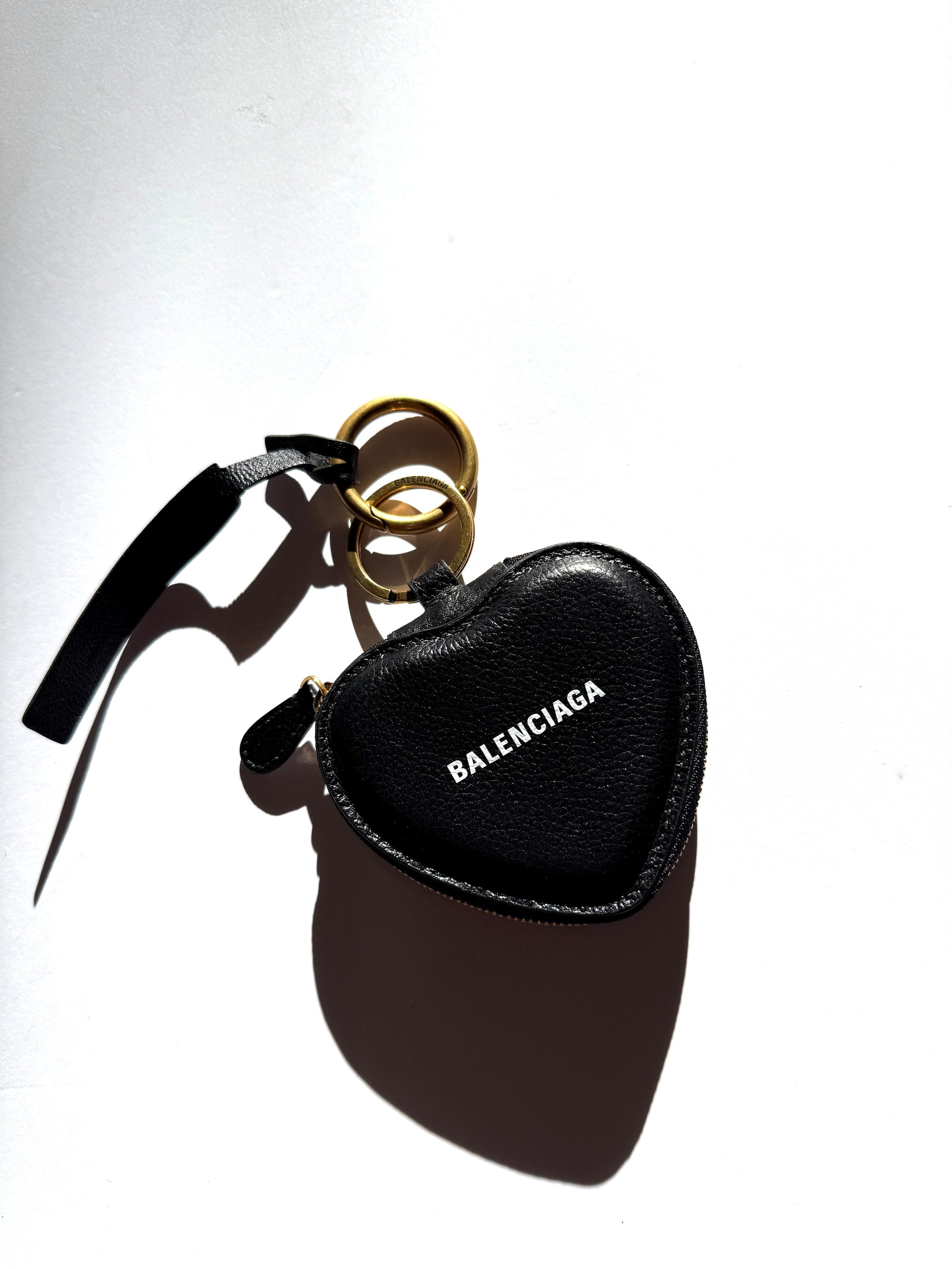 BALENCIAGA Heart Key Ring Bag Charm Mirror Logo Black Leather Pouch 