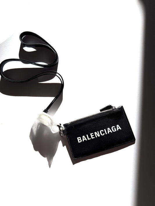 New BALENCIAGA Cash Card Case on Keychain Black Leather Zip Pouch 