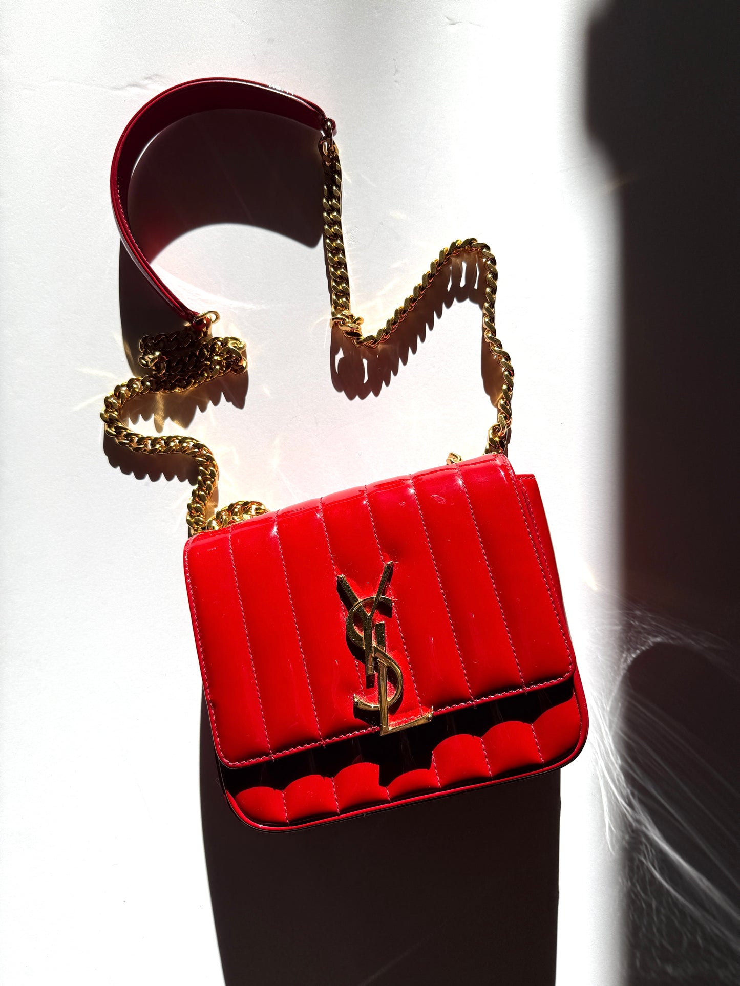 SAINT LAURENT Patent Matelasse Monogram Small Vicky Red Chain Bag 