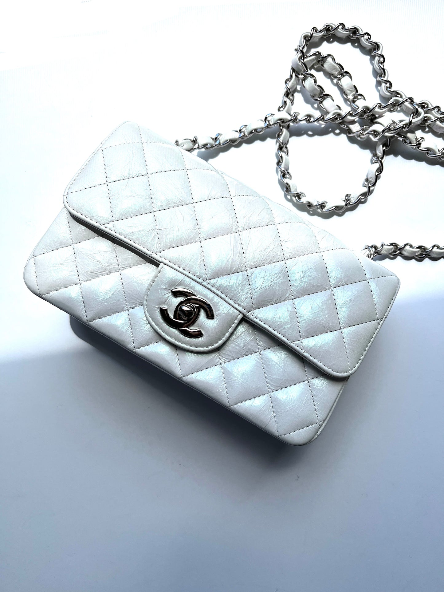 CHANEL White 2021 Rectangular Mini Crumpled Calfskin Classic Flap Bag Chanel resale second consignment