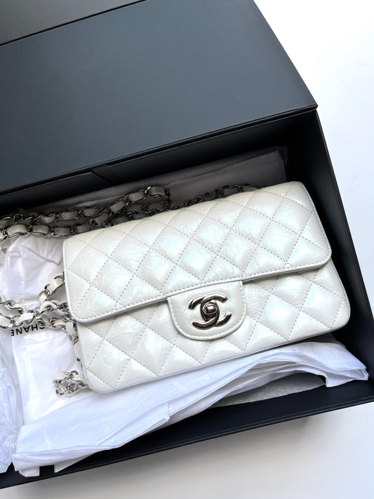 CHANEL White 2021 Rectangular Mini Crumpled Calfskin Classic Flap Bag Luxury Resale COnsignment Second