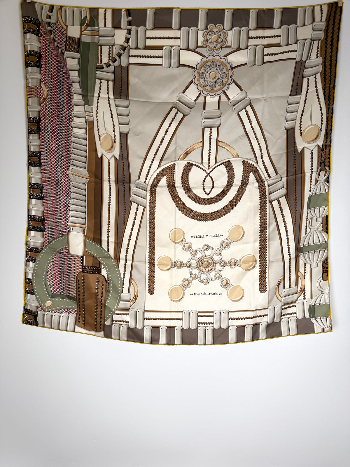 HERMES Flora Y Plata Square 90 cm Cream Etoupe Khaki Silk Scarf New with tag