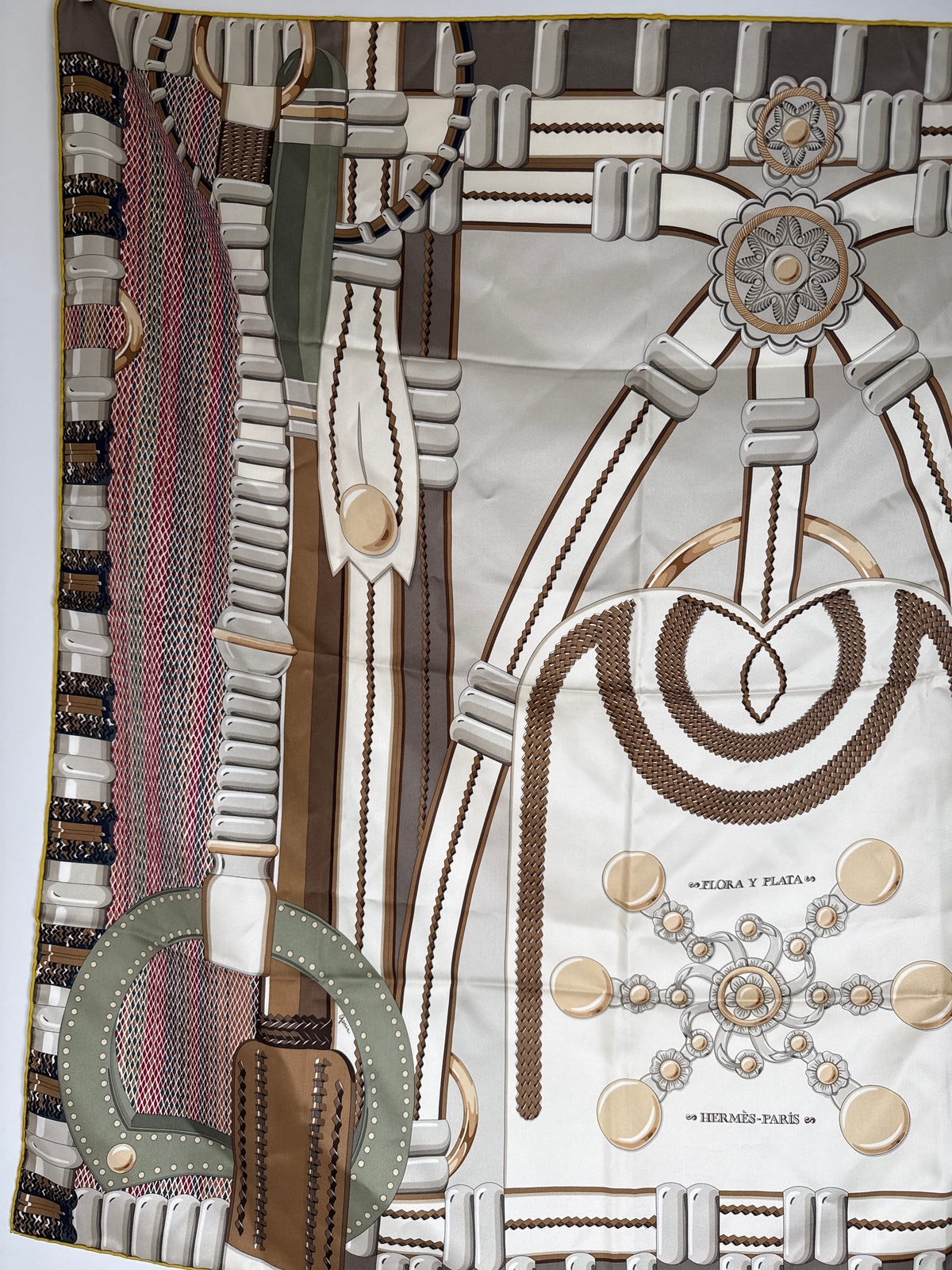 HERMES Flora Y Plata Square 90 cm Cream Etoupe Khaki Silk Scarf New with tag