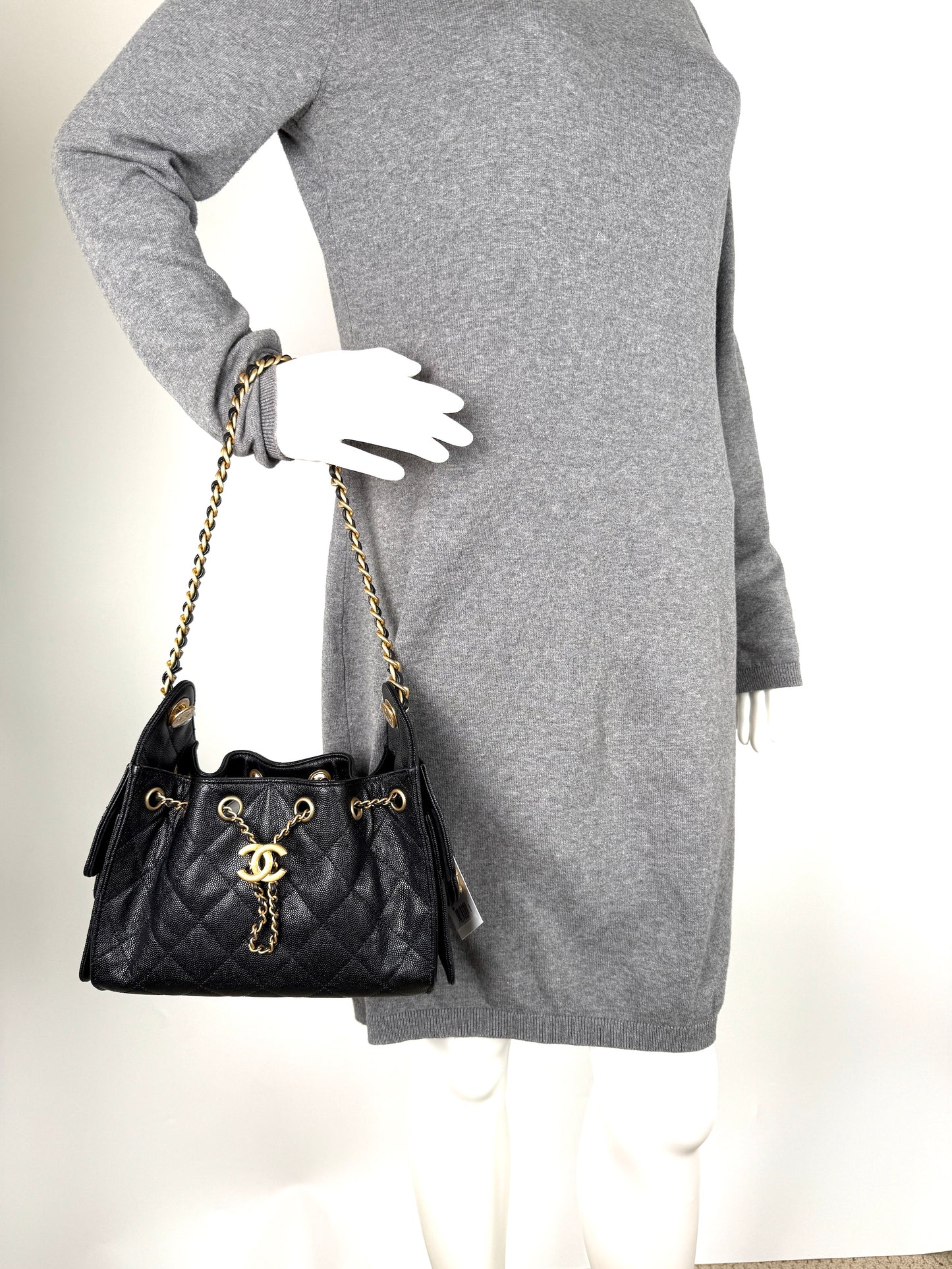 CHANEL 25 Mini Black Quilted Caviar Leather Shoulder Bag New with Tag