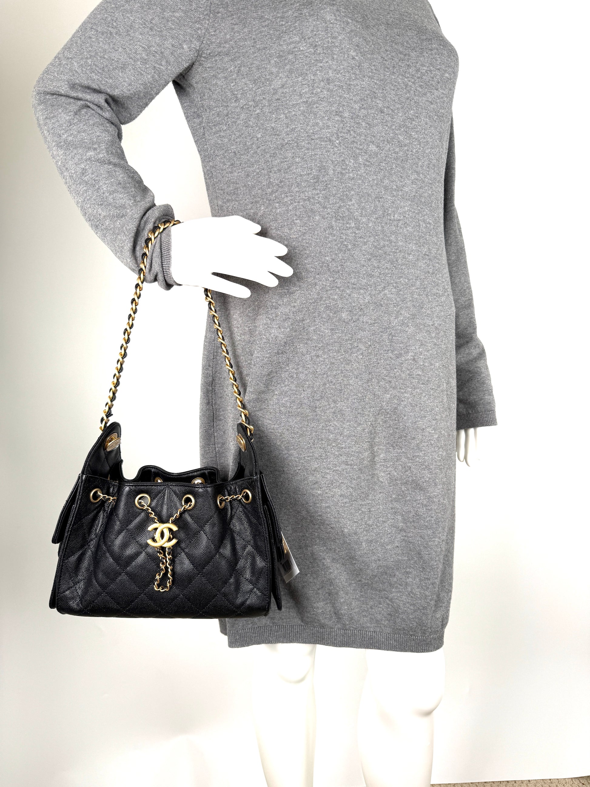 CHANEL 25 Mini Black Quilted Caviar Leather Shoulder Bag New with Tag