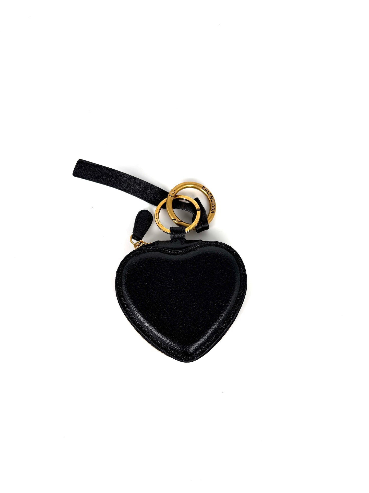 BALENCIAGA Heart Key Ring Bag Charm Mirror Logo Black Leather Pouch