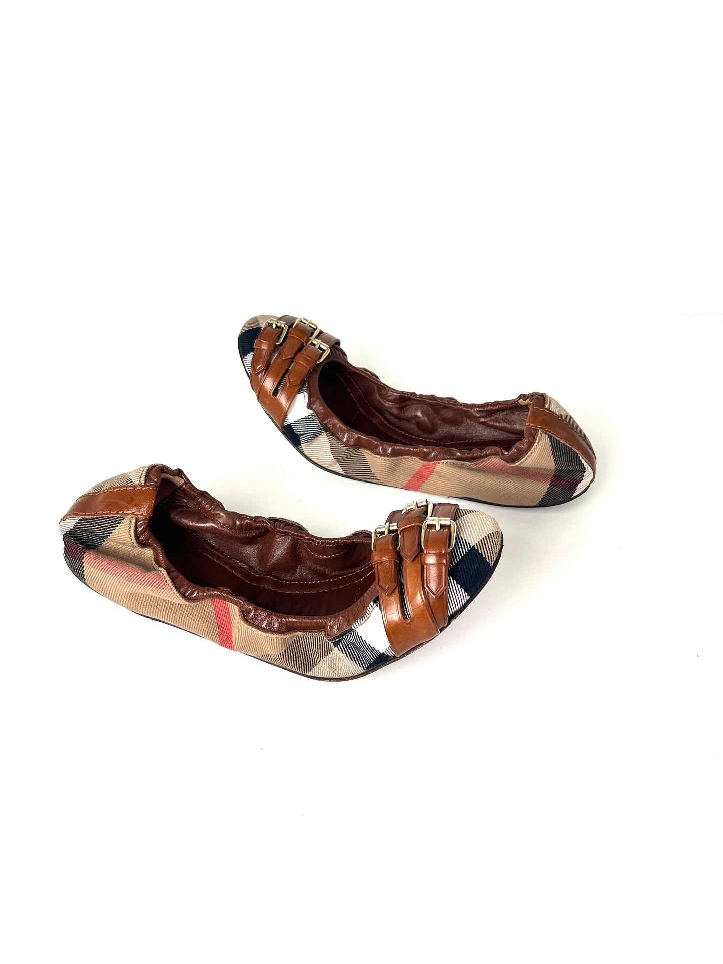 BURBERRY Bridle House check Falconer Dark Tan Canvas Ballerina Flats 37 7