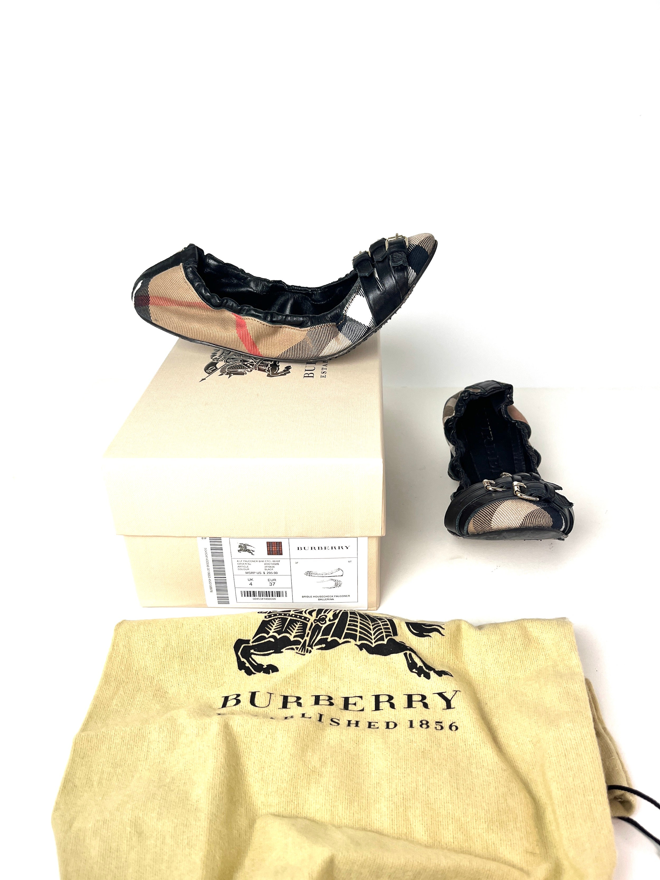 BURBERRY Bridle House check Falconer Black Canvas Ballerina Flats 37 7 Fashion Reloved