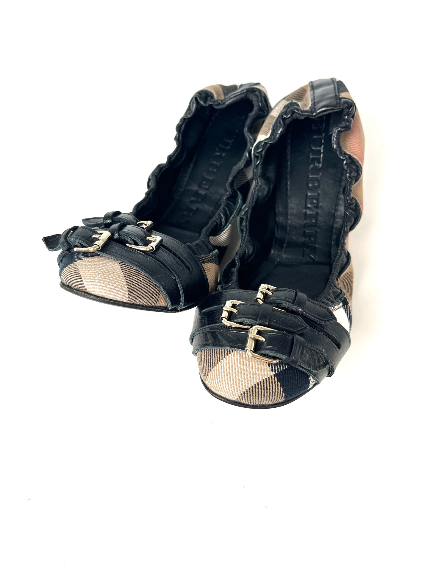 BURBERRY Bridle House check Falconer Black Canvas Ballerina Flats 37 7