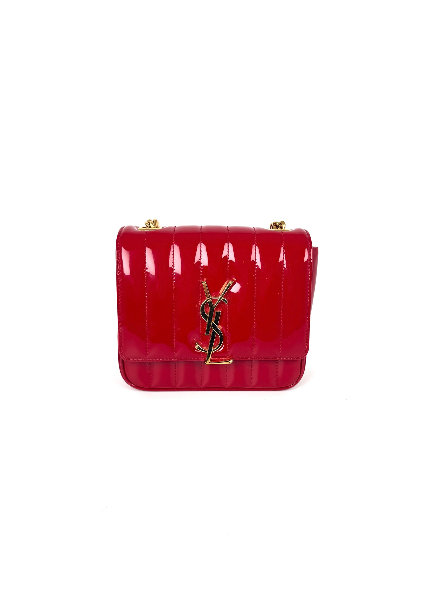 SAINT LAURENT Patent Matelasse Monogram Small Vicky Red Chain Bag 