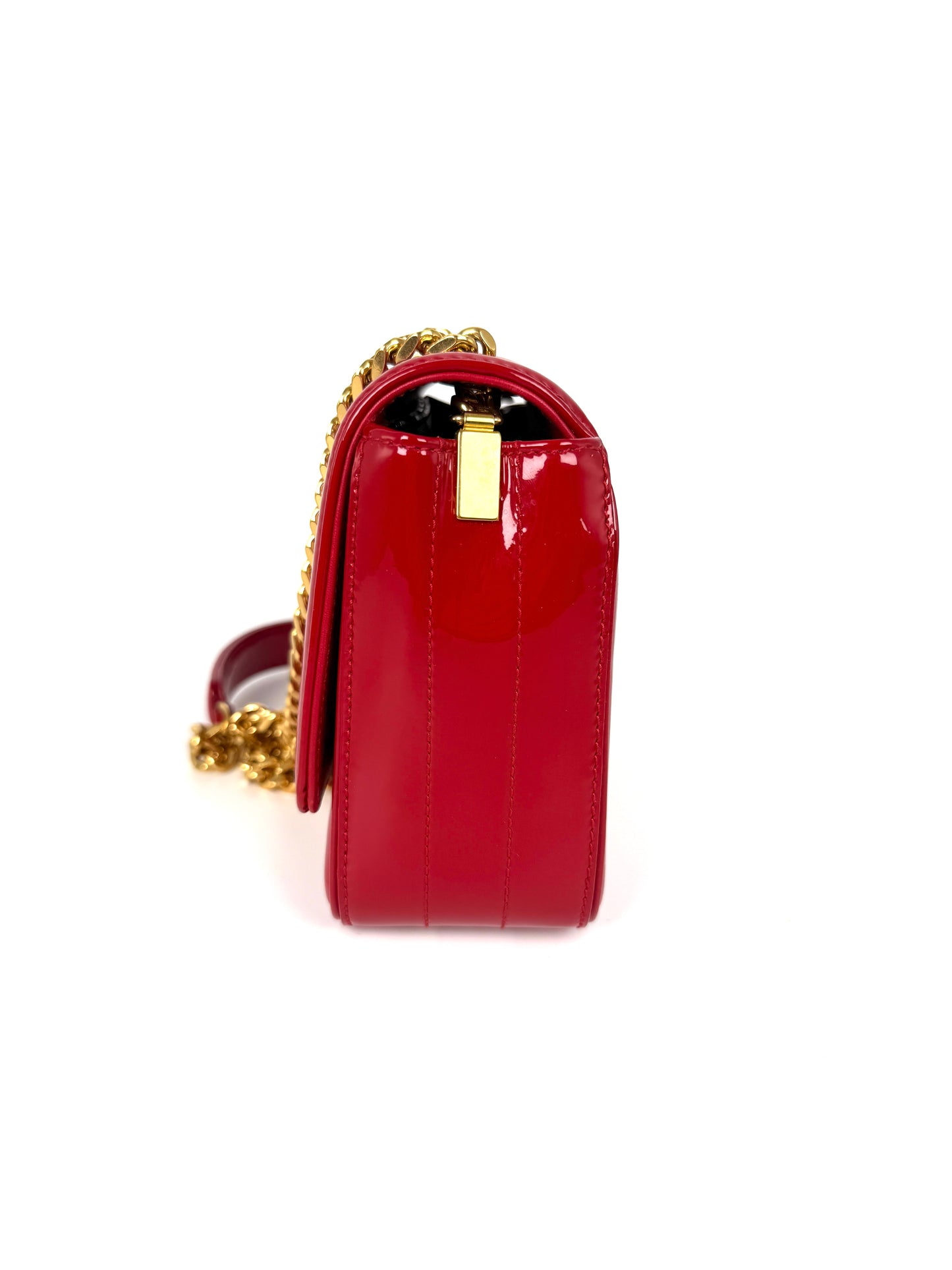 SAINT LAURENT Patent Matelasse Monogram Small Vicky Red Chain Bag