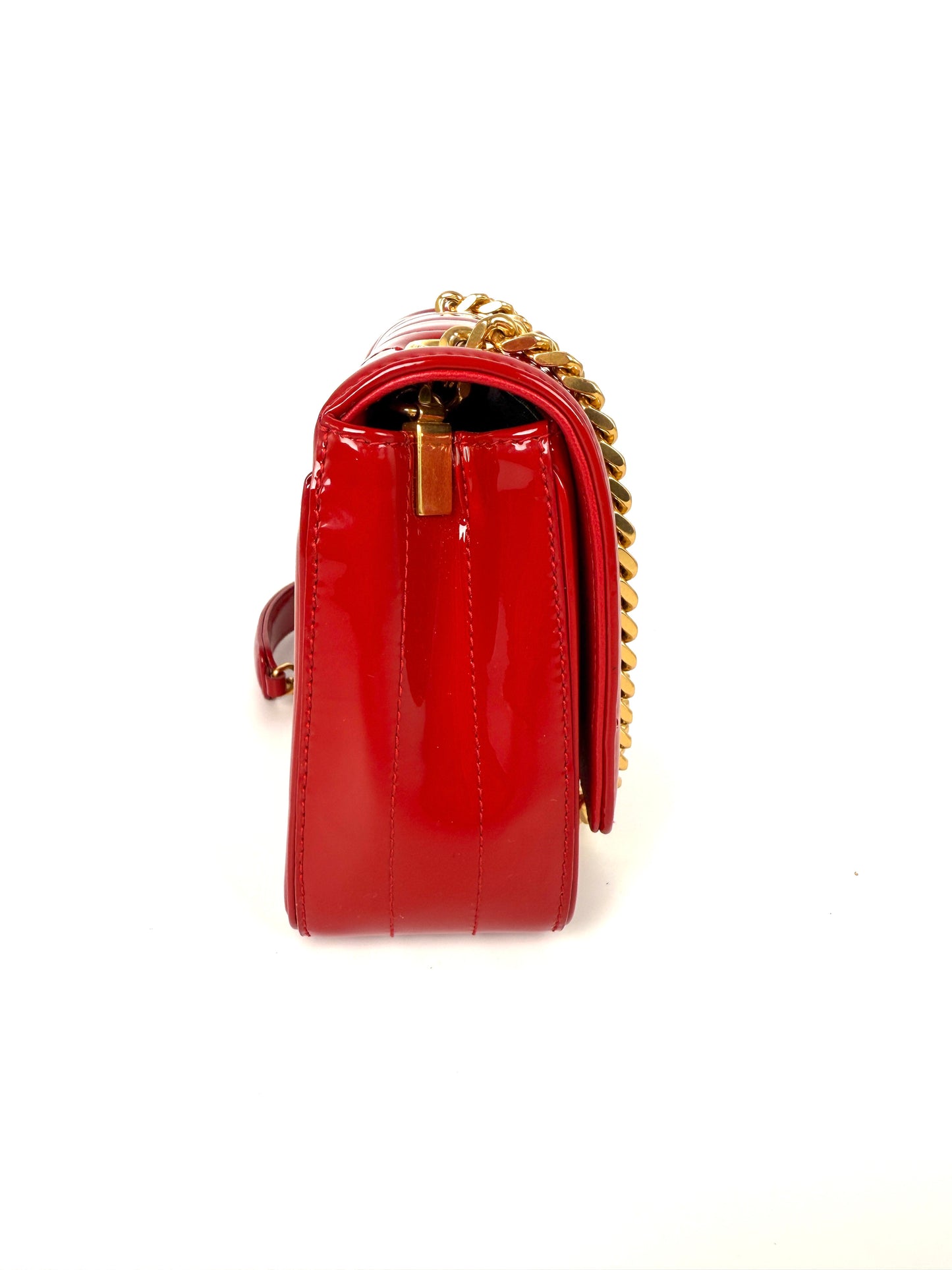 SAINT LAURENT Patent Matelasse Monogram Small Vicky Red Chain Bag