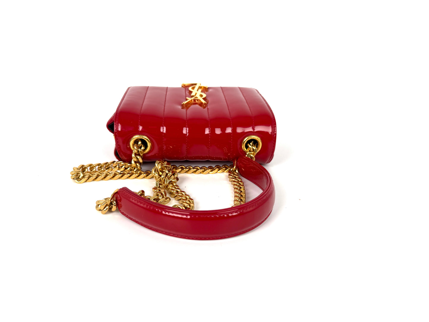 SAINT LAURENT Patent Matelasse Monogram Small Vicky Red Chain Bag