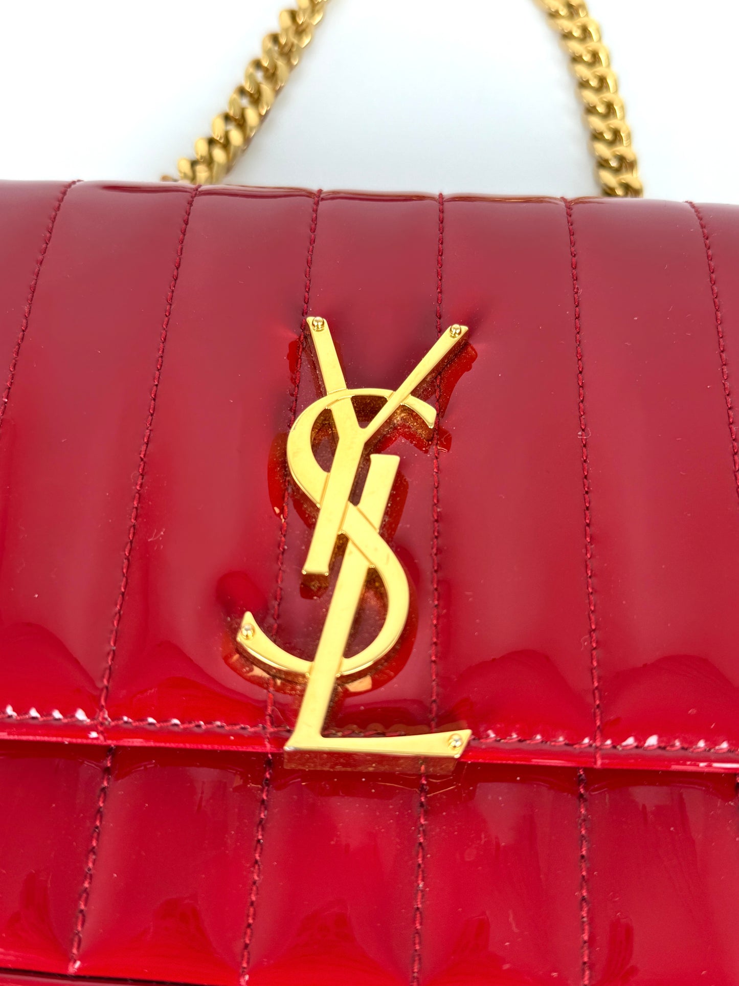 SAINT LAURENT Patent Matelasse Monogram Small Vicky Red Chain Bag