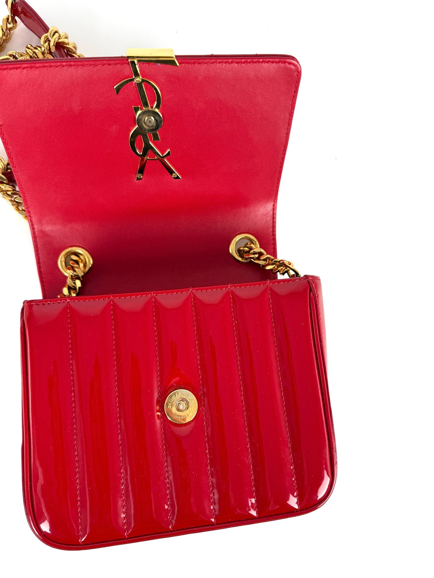 SAINT LAURENT Patent Matelasse Monogram Small Vicky Red Chain Bag