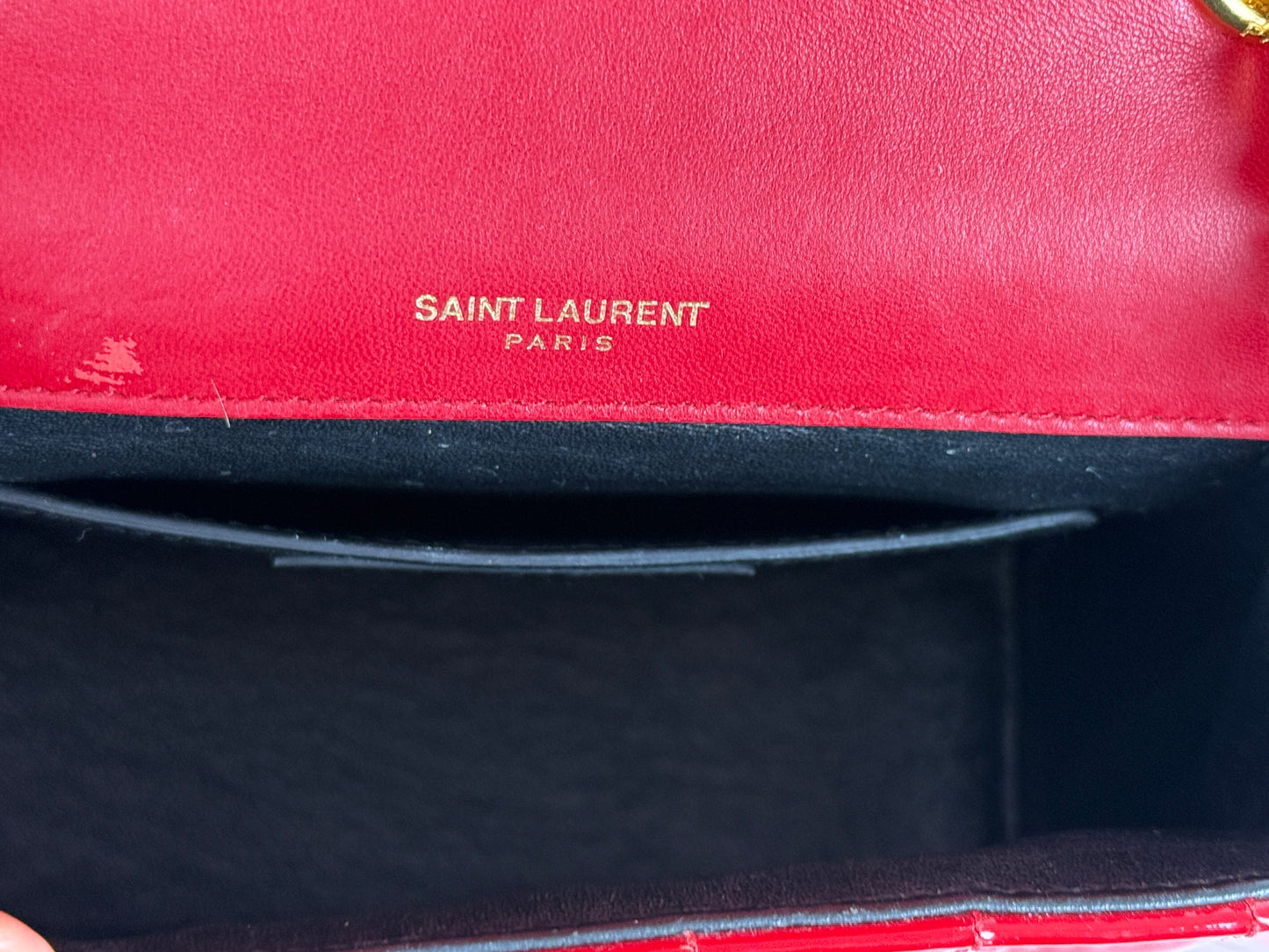 SAINT LAURENT Patent Matelasse Monogram Small Vicky Red Chain Bag