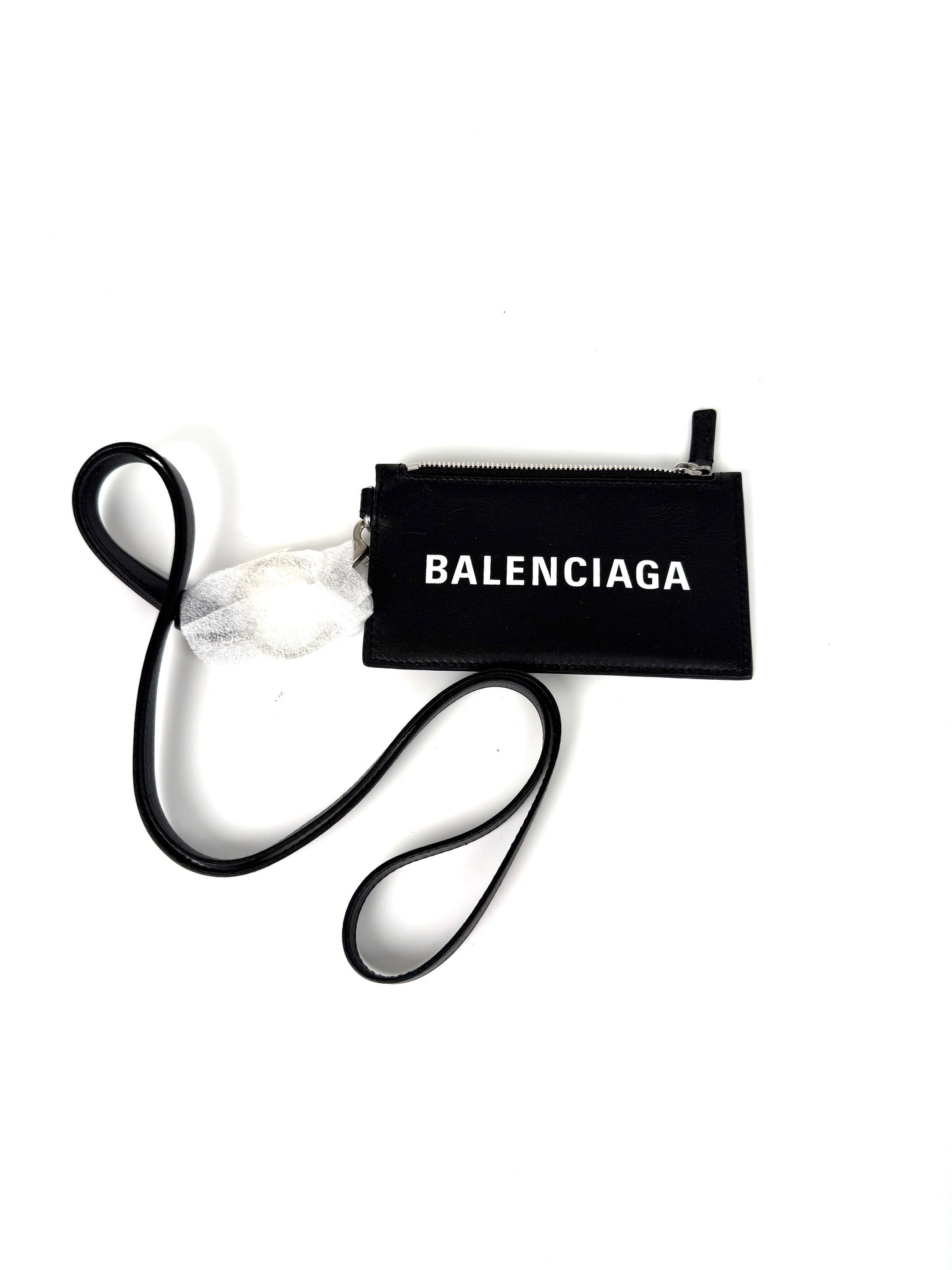 New BALENCIAGA Cash Card Case on Keychain Black Leather Zip Pouch