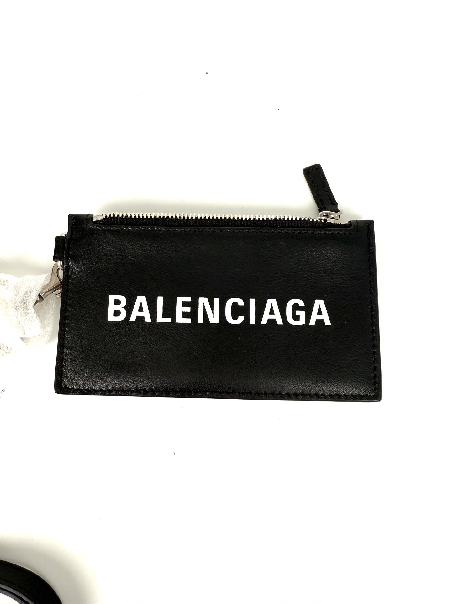 New BALENCIAGA Cash Card Case on Keychain Black Leather Zip Pouch