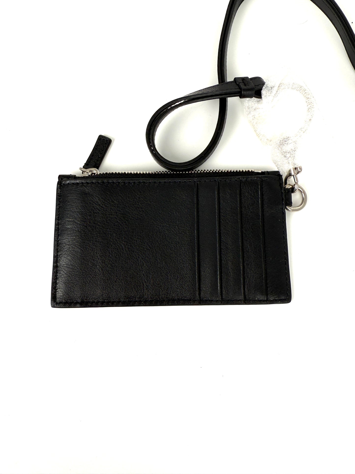 New BALENCIAGA Cash Card Case on Keychain Black Leather Zip Pouch