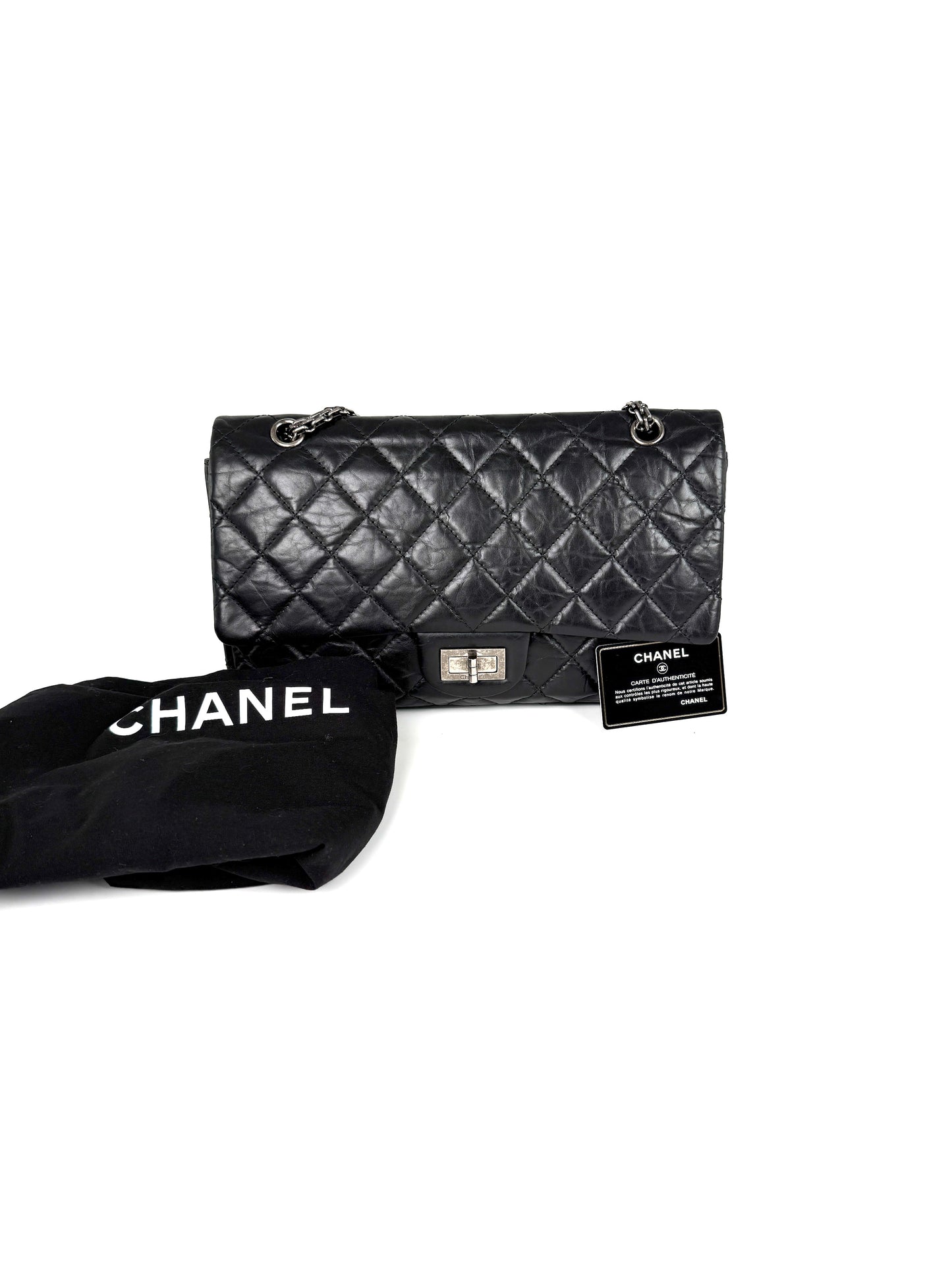 CHANEL Black Reissue 2.55 Quilted 227 Aged Calfskin Leather Shoulder Crossbody Bag 