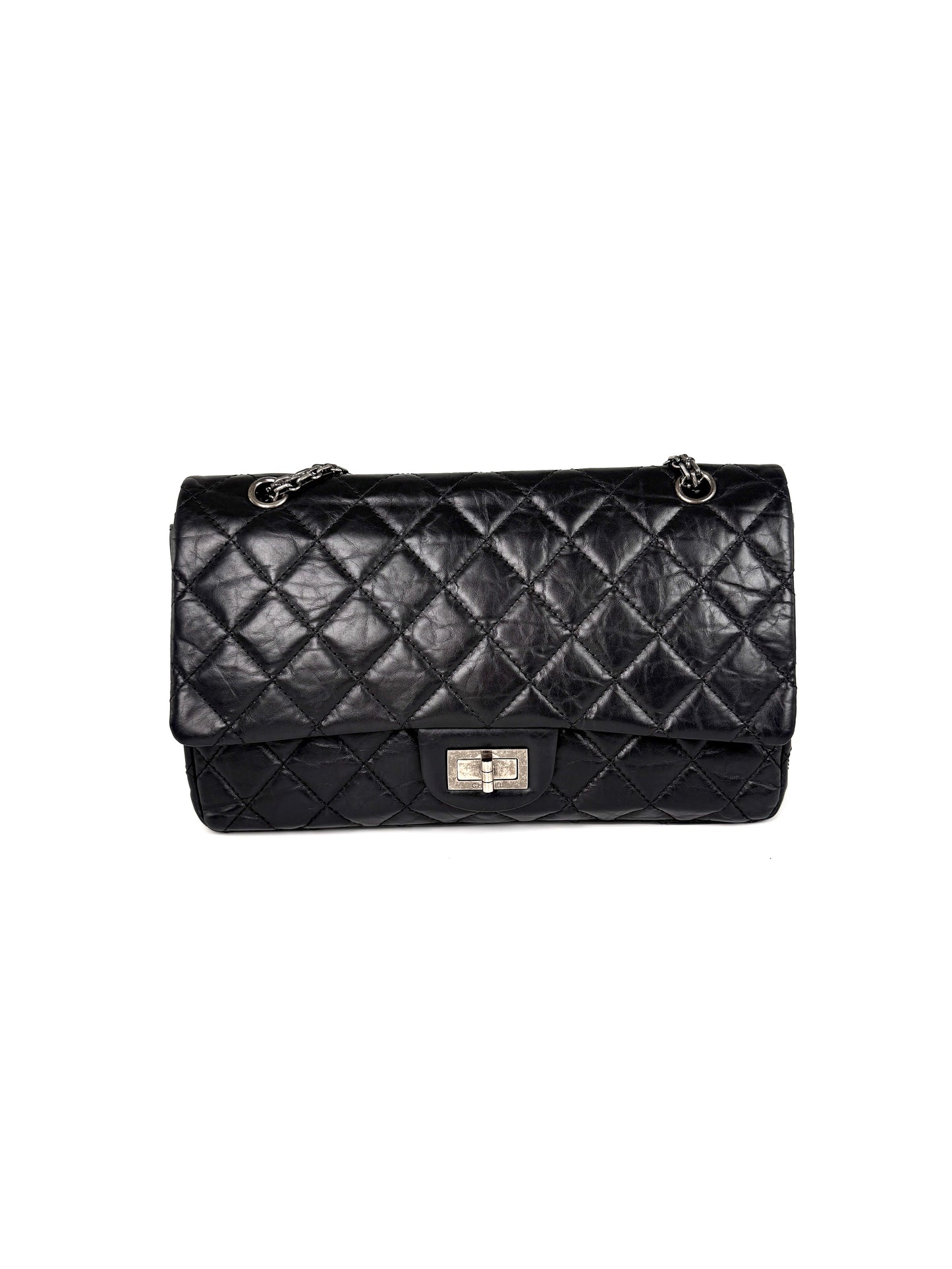 CHANEL Black Reissue 2.55 Quilted 227 Aged Calfskin Leather Shoulder Crossbody Bag 