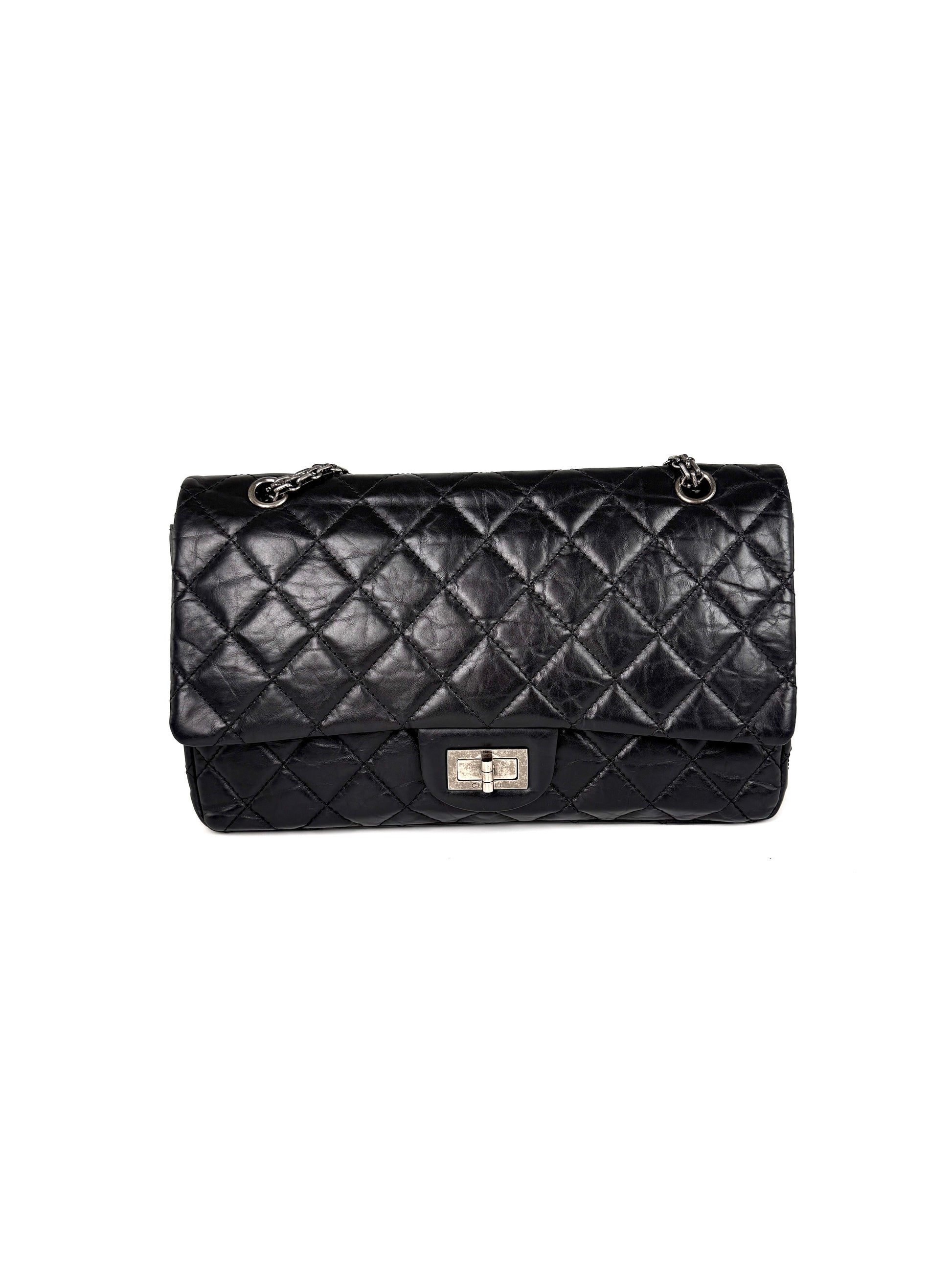 CHANEL Black Reissue 2.55 Quilted 227 Aged Calfskin Leather Shoulder Crossbody Bag 