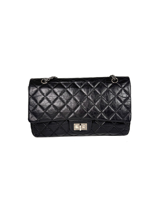 CHANEL Black Reissue 2.55 Quilted 227 Aged Calfskin Leather Shoulder Crossbody Bag 
