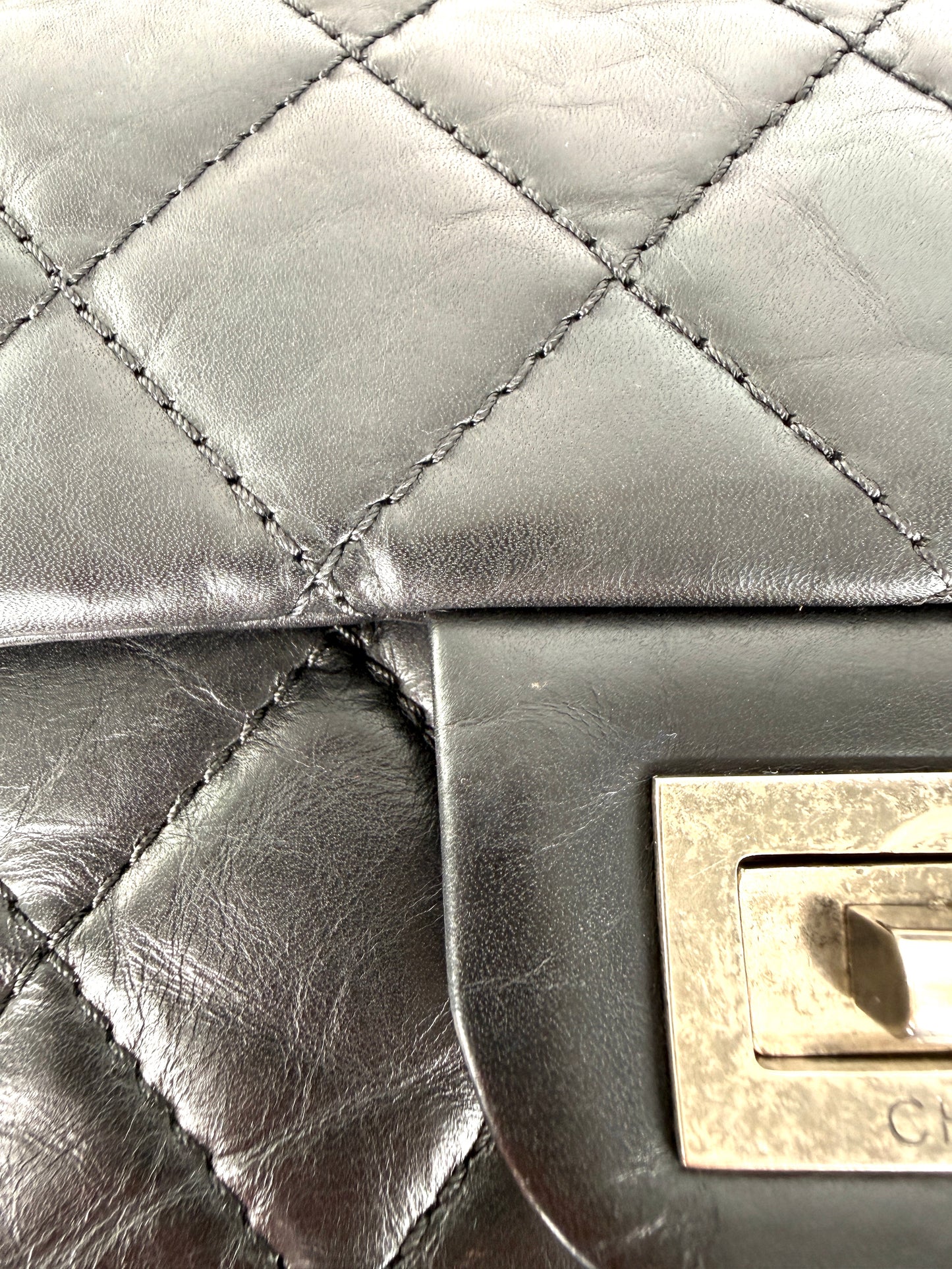 CHANEL Black Reissue 2.55 Quilted 227 Aged Calfskin Leather Shoulder Crossbody Bag