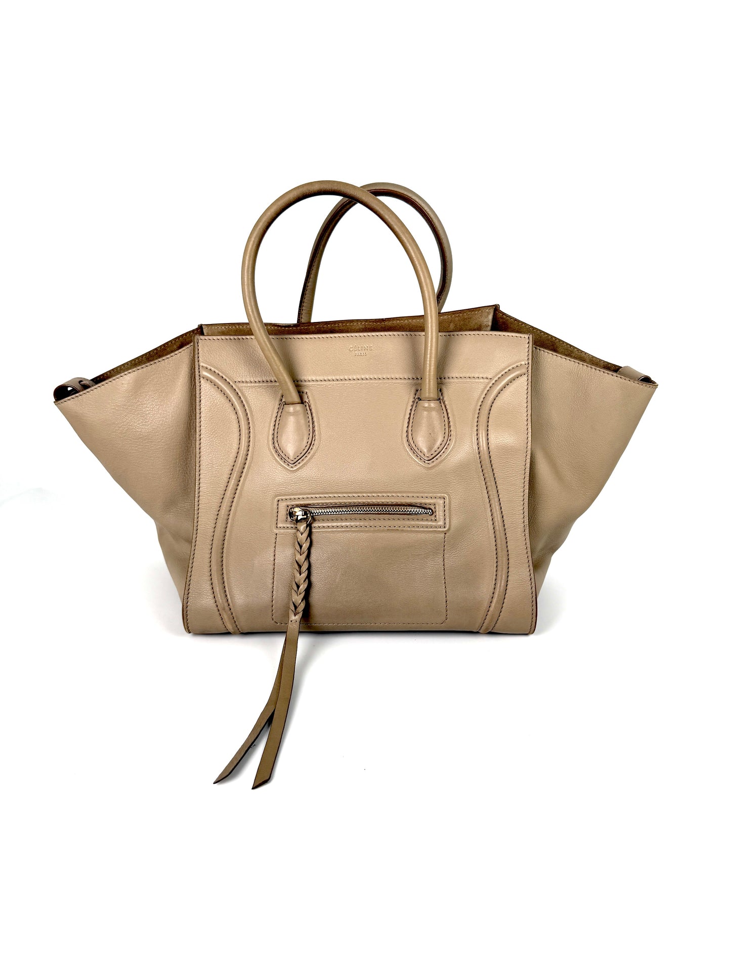 CELINE Luggage Phantom Medium Grained Calfskin Taupe Leather Satchel Bag