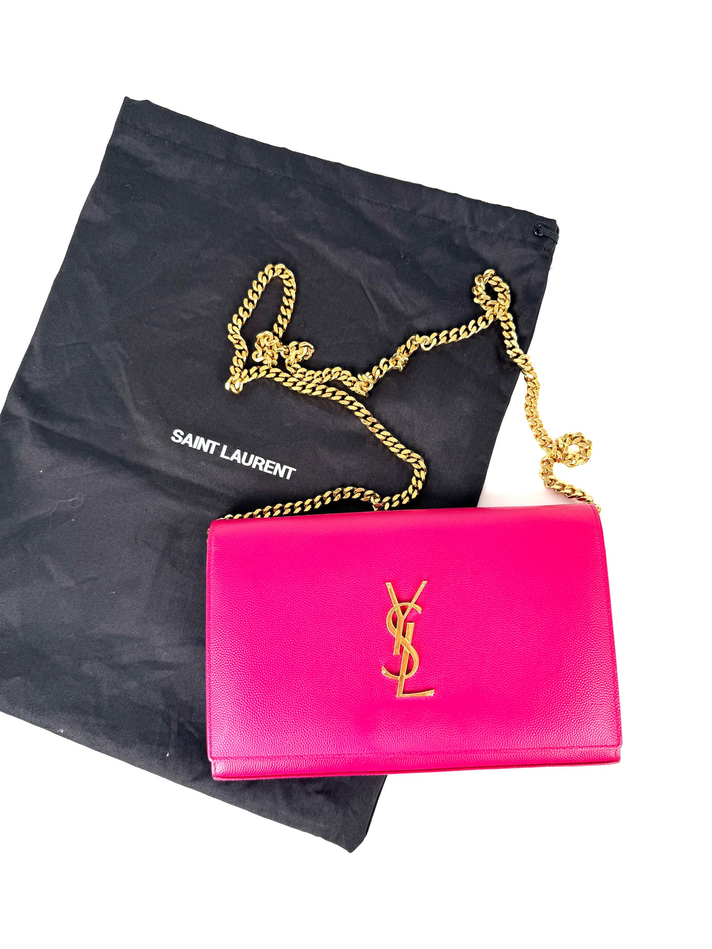 Saint Laurent YSL Kate Pink Grain de Poudre Leather Wallet on Chain