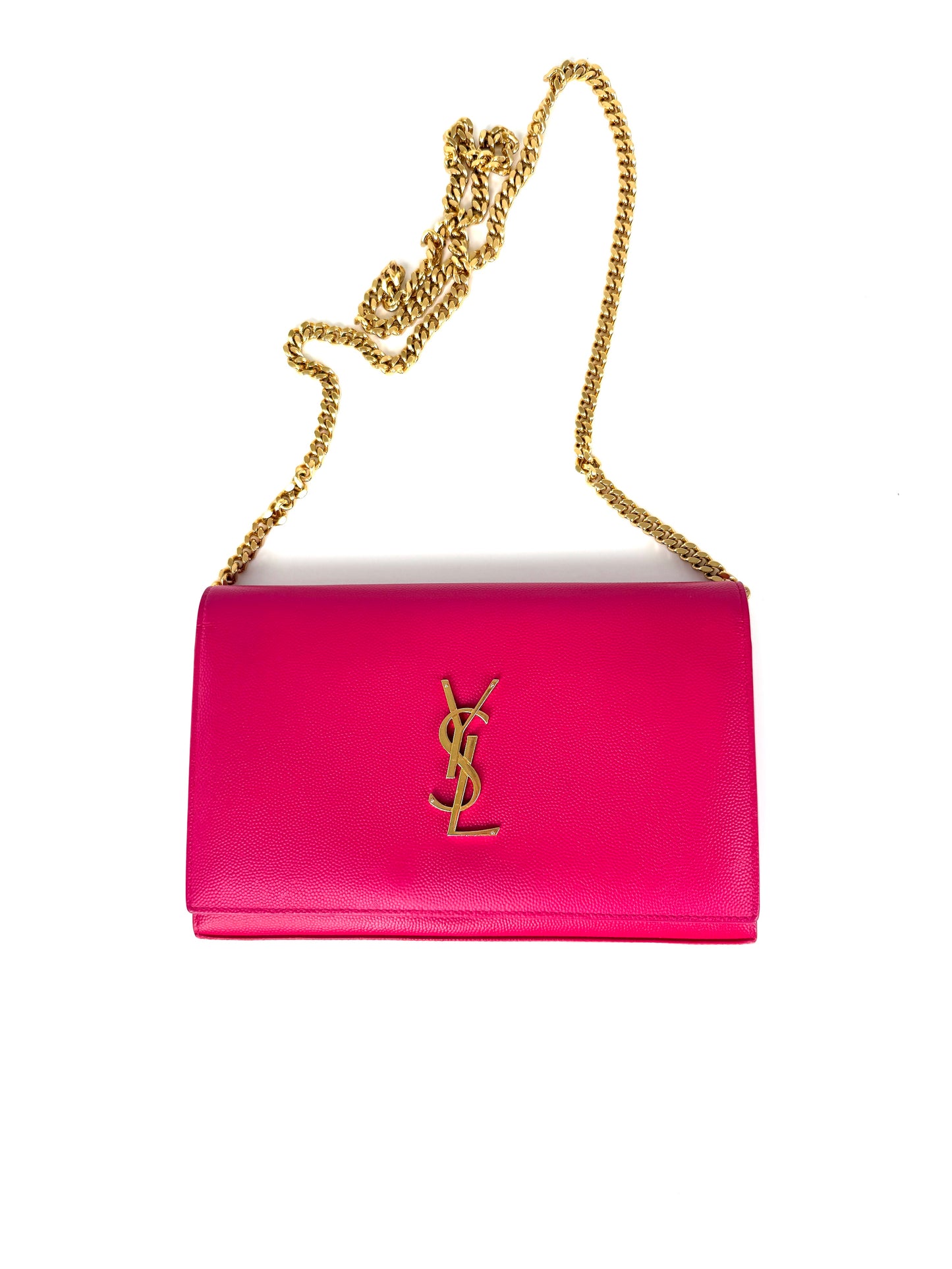 Pink handbag with gold chain strap on a white background