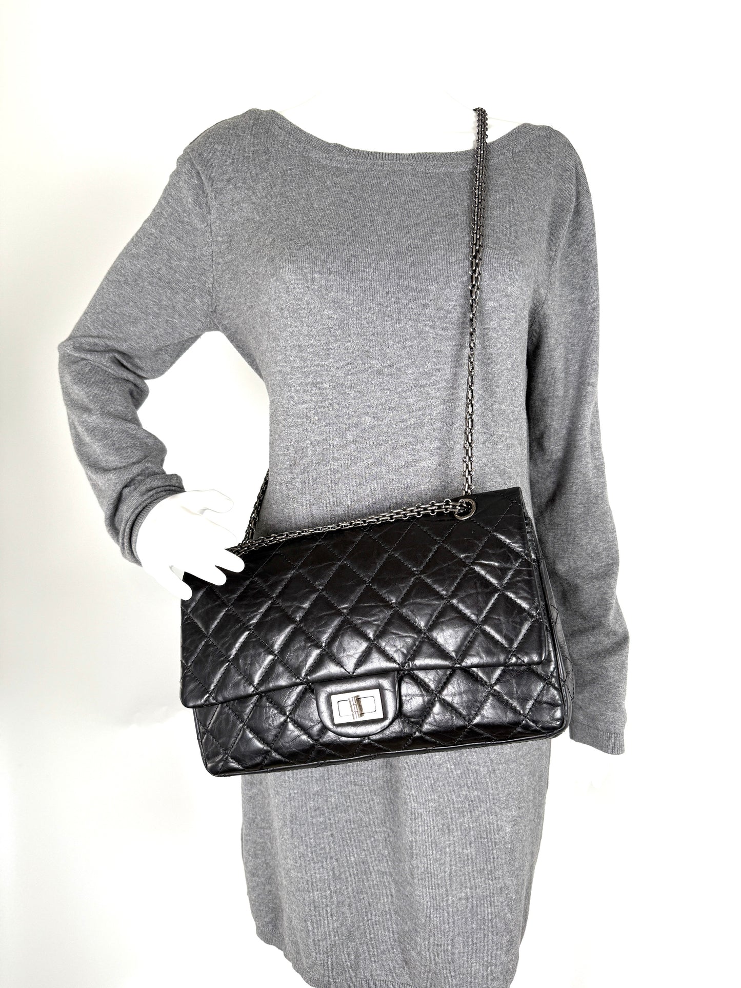 CHANEL Black Reissue 2.55 Quilted 227 Aged Calfskin Leather Shoulder Crossbody Bag 