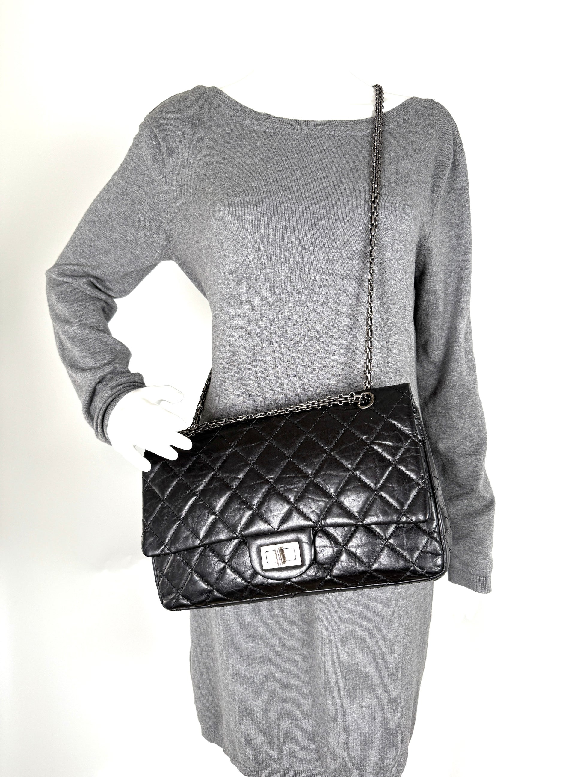 CHANEL Black Reissue 2.55 Quilted 227 Aged Calfskin Leather Shoulder Crossbody Bag 