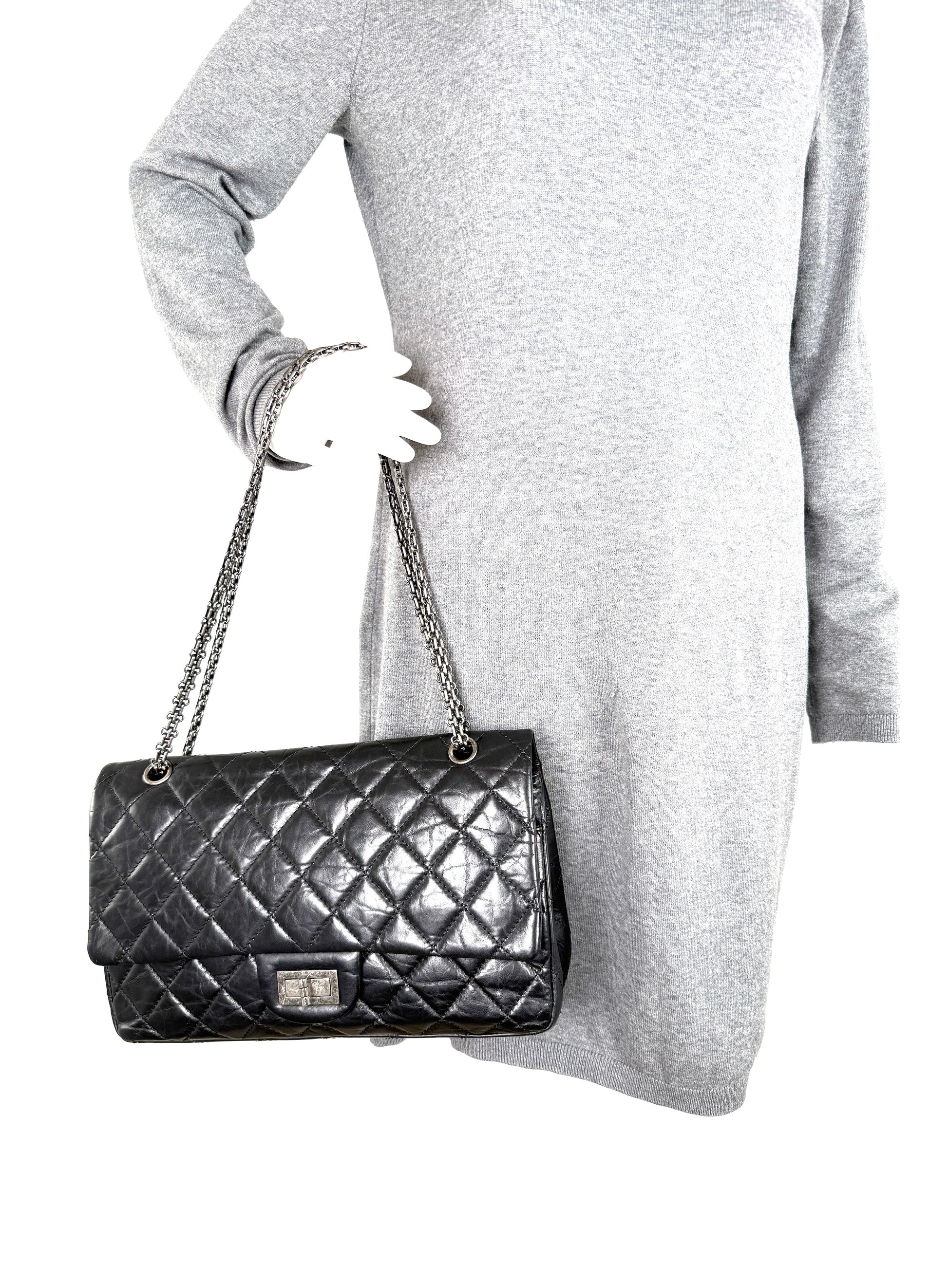 CHANEL Black Reissue 2.55 Quilted 227 Aged Calfskin Leather Shoulder Crossbody Bag 