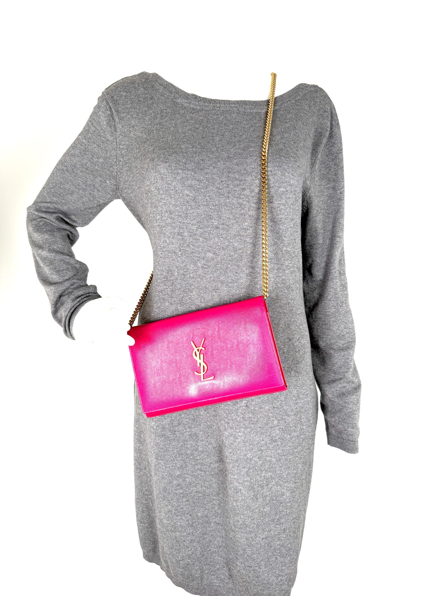 Saint Laurent YSL Kate Pink Grain de Poudre Leather Wallet on Chain