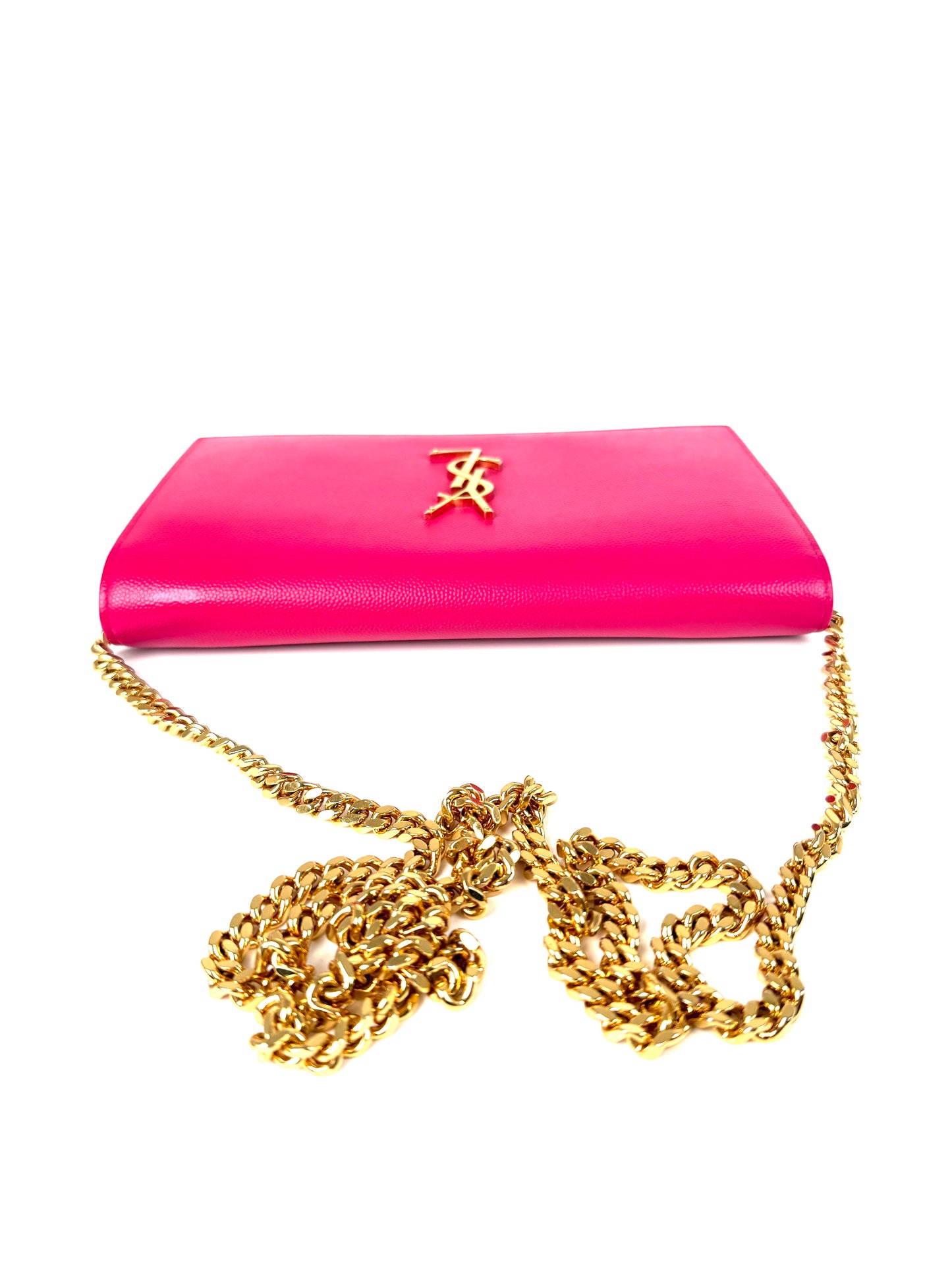 Saint Laurent YSL Kate Pink Grain de Poudre Leather Wallet on Chain